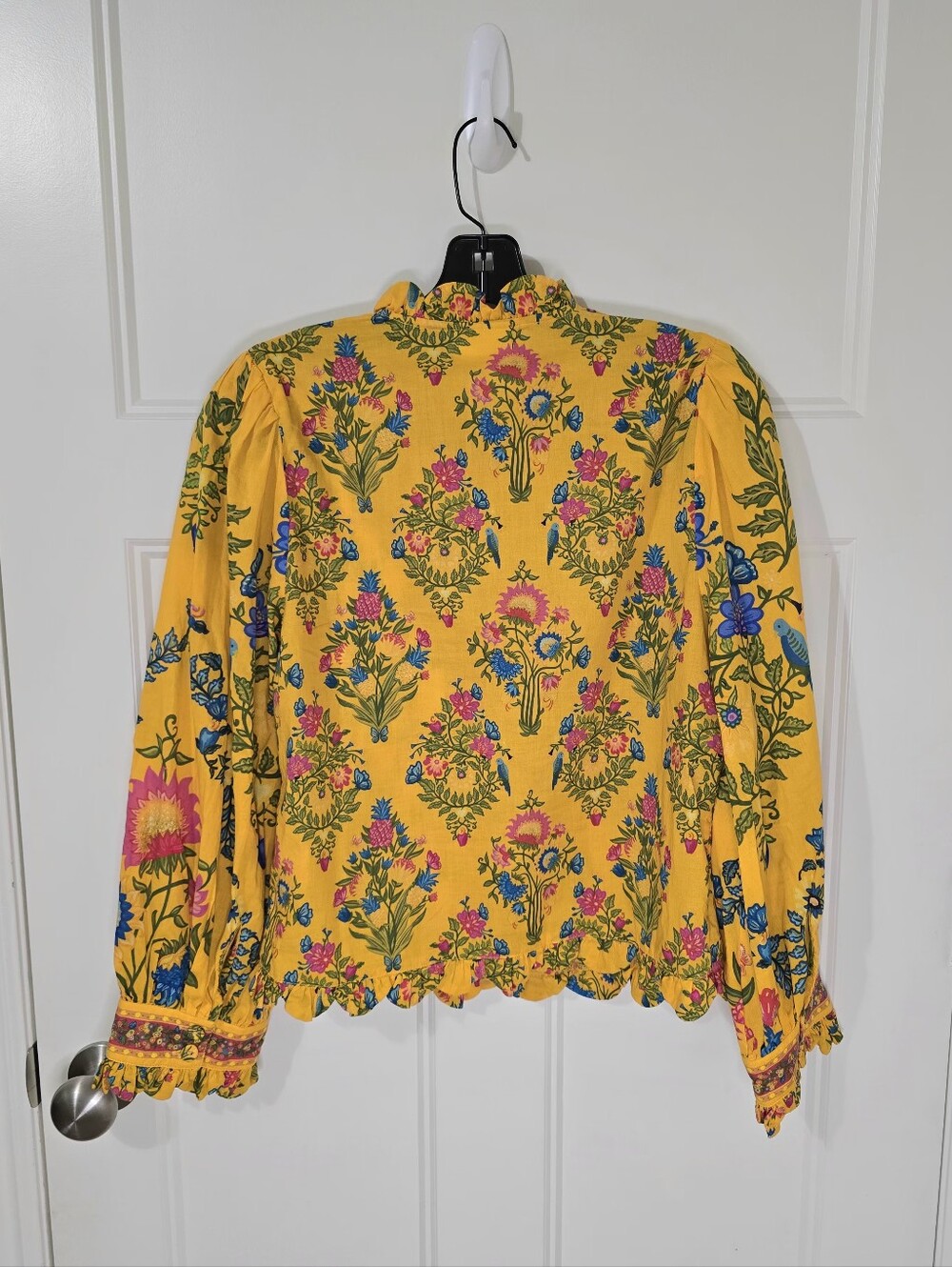 Farm Rio Anthropologie Puff- Sleeve Ruched Blouse Yellow Floral LS Button Up Med - Picture 4 of 10